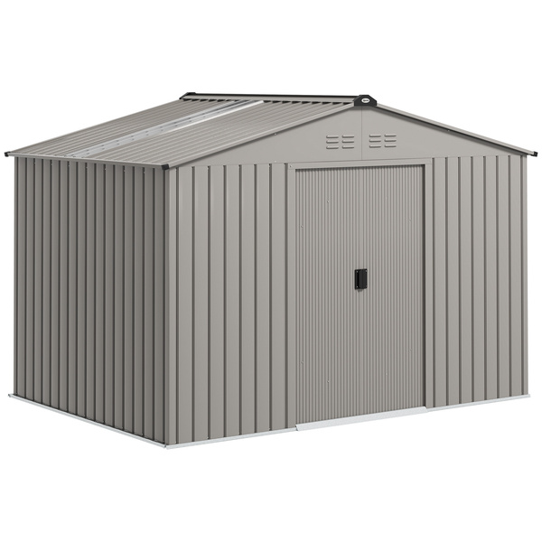 Outsunny Garden Storage Shed, Metal Outdoor Storage Shed House with Foundation Kit, Ventilation, Doors, 9 x 6FT, Grey
