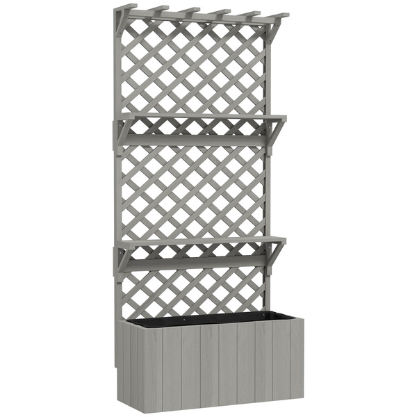 Outsunny 52L Wooden Planter, with Trellis and Shelves - Grey