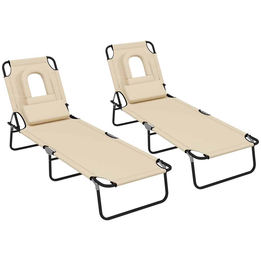 Outsunny Folding Sun Loungers Set of 2 with Face Hole, 4-Position Adjustable Backrest Garden Recliner Chairs Sunbeds, Outdoor Lounge Chairs with 600 D Oxford Cloth Seat, Pillow for Beach, Sand
