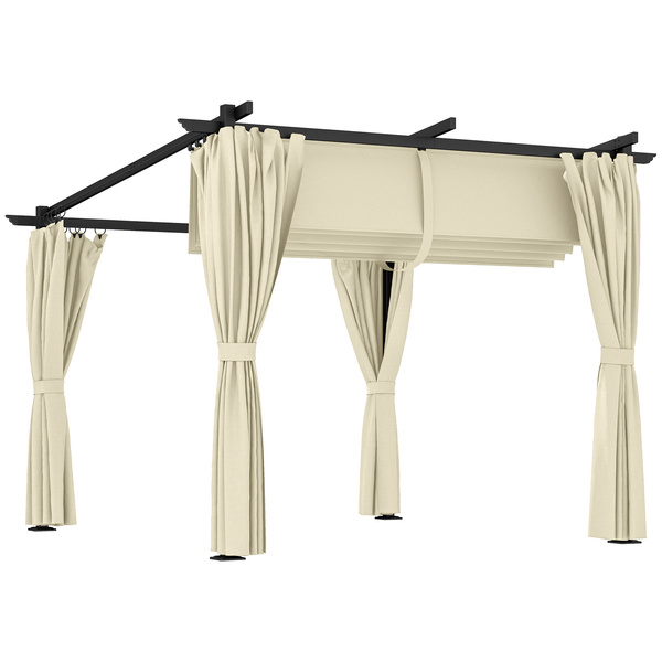 Outsunny 3 x 3 m Retractable Roof Pergola, with Curtains - Beige