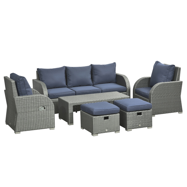 Outsunny Six-piece Outdoor Rattan Dining Set, Outdoor Sofa Set with Reclining Armchairs and Mental Frame, Blue