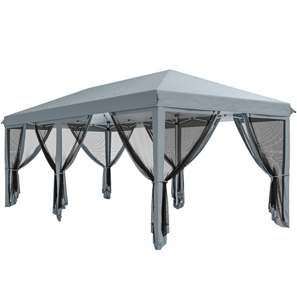 Outsunny 3 x 6m Pop Up Gazebo, Outdoor Canopy Shelter, Marquee Party Wedding Tent with 6 Mesh Walls and Carry Bag, Grey