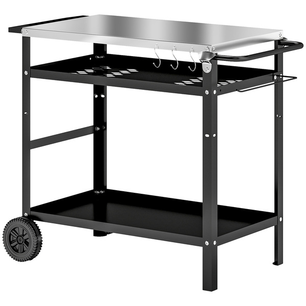 Outsunny BBQ Trolley with Stainless Steel Top Adjustable Shelf, Outdoor Kitchen Barbecue Station with Hooks Seasoning Tray Towel Rack, Pizza Oven Table Movable Grill Dining Cart with Cover, Black