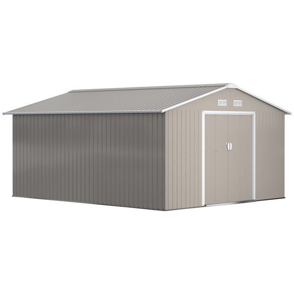 Outsunny 13 x 11ft Large Garden Shed, Mental Garden Storage Shed with Foundation Kit Ventilation & Doors, Light Grey