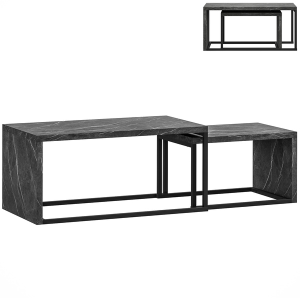 HOMCOM Nesting Coffee Table Set of 2, Industrial Stacking Side End Tables with Metal Frame for Living Room, Bedroom, Dark Grey Marble Effect