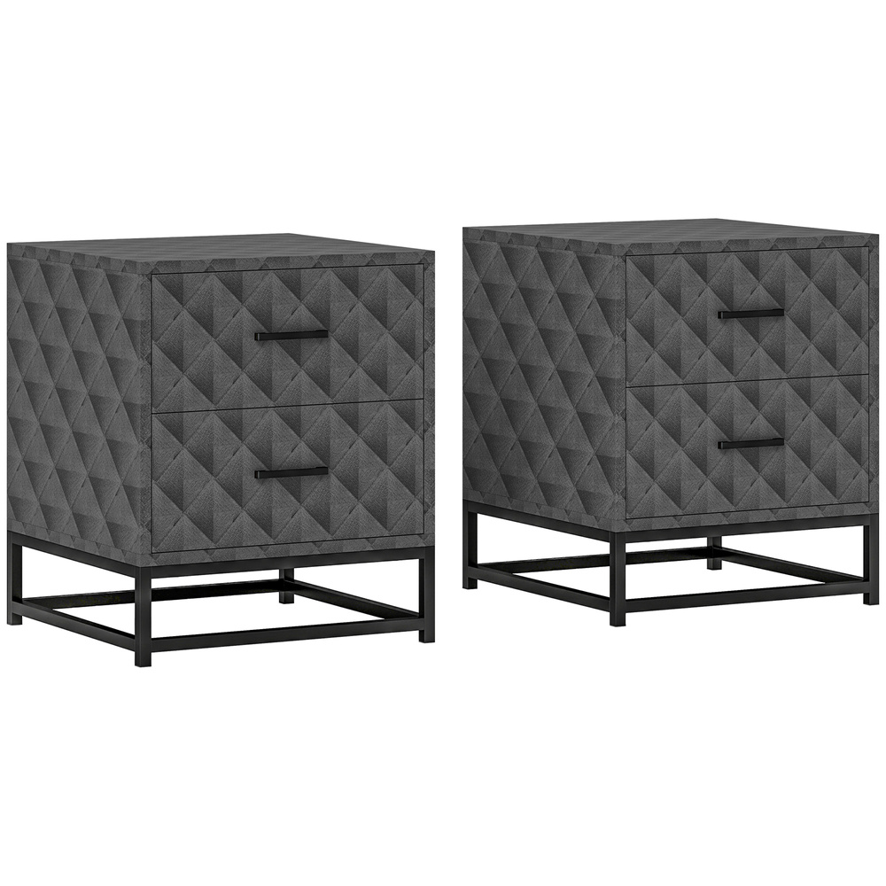 HOMCOM Bedside Tables Set of 2, Modern Bedside Table Nightstand with 2 Drawers, Bedside Cabinet Sofa Side Table with Storage, Steel Legs for Bedroom, Living Room, Grey