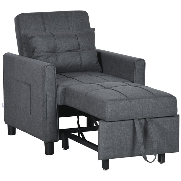 HOMCOM 3-In-1 Linen-Look Single Chair Bed with Adjustable Back & Eucalyptus Wood Sofa Frame - Grey