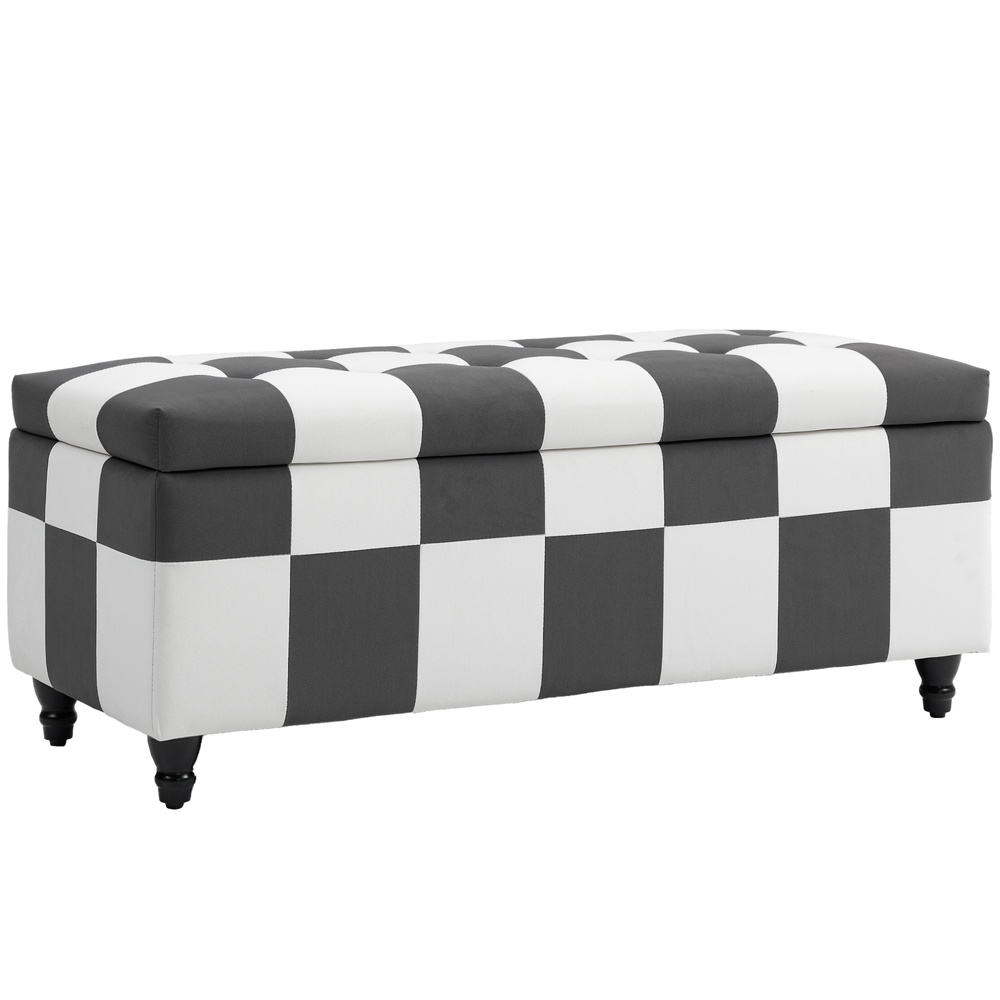 HOMCOM Storage Ottoman, Storage Bench with Wood Legs, Footstool, Footrest with Velvet Surface for Bedroom, Hallway, Living Room, 114 x 47 x 47 cm, Dark Grey and White