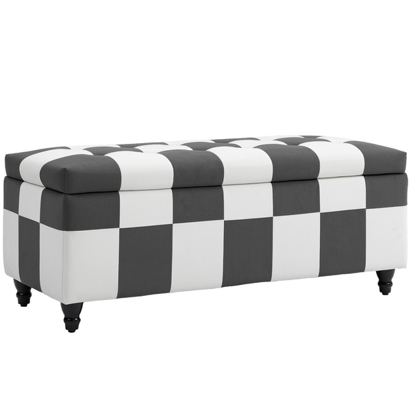 HOMCOM Storage Ottoman, Storage Bench with Wood Legs, Footstool, Footrest with Velvet Surface for Bedroom, Hallway, Living Room, 114 x 47 x 47 cm, Dark Grey and White