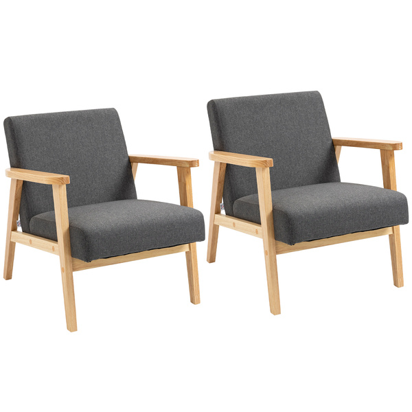 HOMCOM Set of 2 Accent Armchair, Living Room Chair, Wooden Upholstered Single Lounge Chair with Rubber Wood Legs and Padded Seat, Leisure Sofa Chair for Bedroom Office, Dark Grey