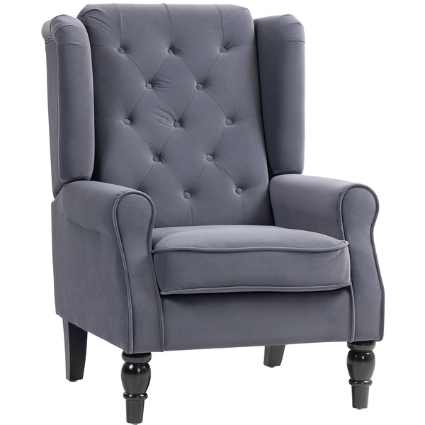 HOMCOM Wingback Accent Chair, Retro Upholstered Button Tufted Occasional Chair for Living Room and Bedroom, Charcoal Grey