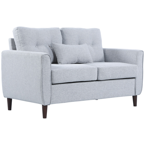 HOMCOM 2 Seater Sofa with Spring Cushion, Fabric Sofa with Wooden Legs, Modern Love Seat for Living Room, 140cm Width Tufted Couch for Bedroom, Light Grey