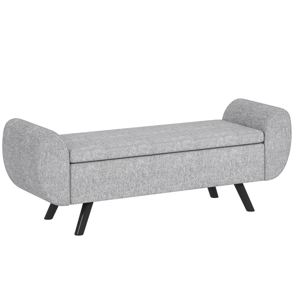 HOMCOM Storage Ottoman with Armrest, Upholstered Linen Storage Bench, Window Seat with Rubberwood Legs, Footstool for Bedroom Living Room, Hallway, Dark Grey