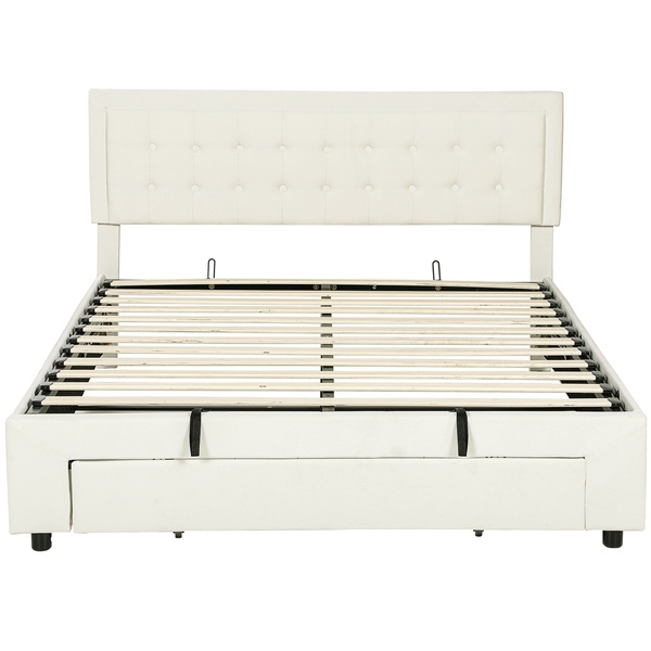 HOMCOM King Size Ottoman Bed Frame, with Front Drawer - Cream