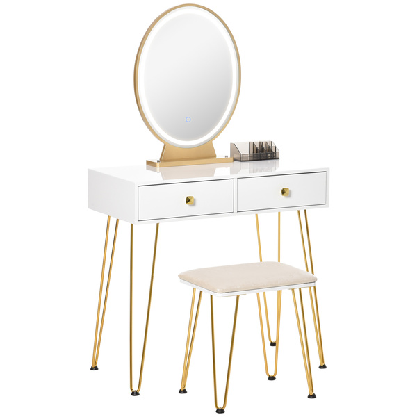 HOMCOM Dressing Table with LED Mirror and Cushioned Stool, Vanity Desk with Acrylic Lipstick Holder and 2 Drawers, Makeup Table for Bedroom, White