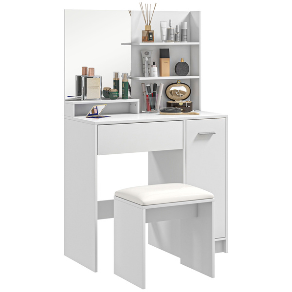 HOMCOM Dressing Table and Stool Set, with Storage - White