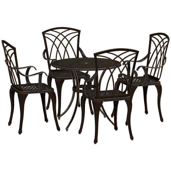 Outsunny 5 Pieces Garden Dining Set for 4, Cast Aluminium Outdoor Dining Set with 4 Armchairs and Round Dining Table with Parasol Hole, Garden Furniture Set, Bronze Tone