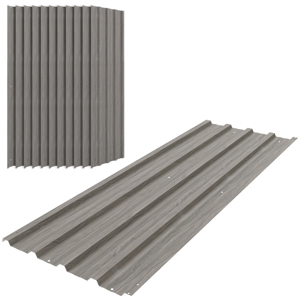 Outsunny Set of 12 Corrugated Steel Roof Sheet Panels - Grey Wood Effect