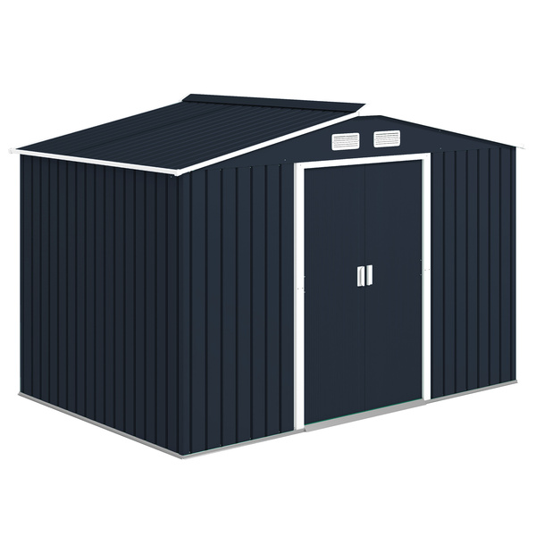 Outsunny 9 x 6ft Metal Bicycle Shed, Outdoor Storage Tool House with Ventilation Slots, Foundation Kit and Lockable Double Doors, Dark Grey