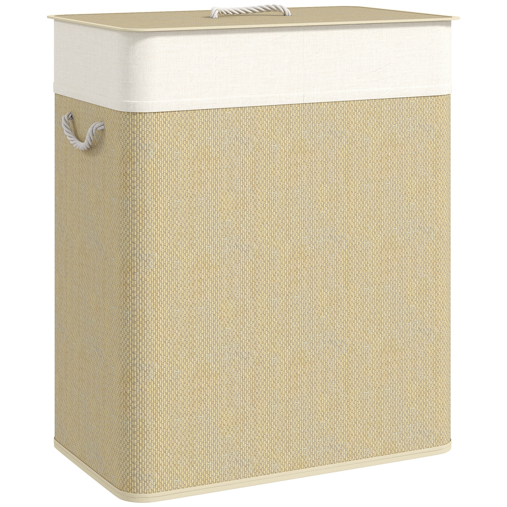HOMCOM Double Laundry Basket with Lid, 100L Bamboo Laundry Hamper with Rope Handles, Washing Basket with Removable Liner for Bathroom, Bedroom, Cream White