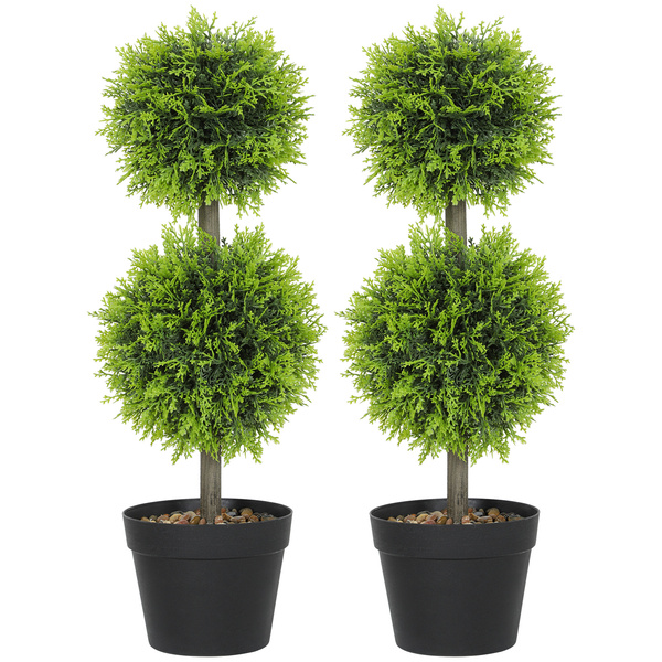 HOMCOM Set of 2 Decorative Artificial Trees, Topiary Ball-shaped Boxwood Trees in Pot, Fake Plants for Home Indoor outdoor Decor, 60cm, 2 Tree Balls