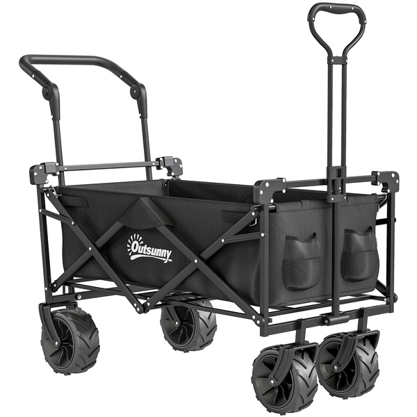 Outsunny Folding Trolley Cart Storage Wagon Beach Trailer 4 Wheels with Handle Overhead Canopy Cart Push Pull for Camping, Black