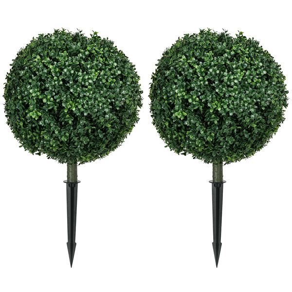 HOMCOM Artificial Boxwood Trees w/ Ground Stake, Set of 2 Ball Shaped Topiary Trees for Home Office & Living Room, UV Resistant