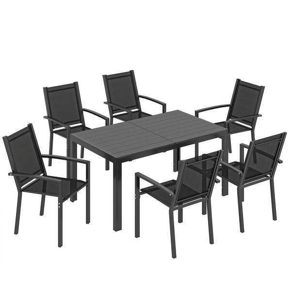 Outsunny Seven-Piece Garden Dining Set, with Plastic Wood-Top Table - Black