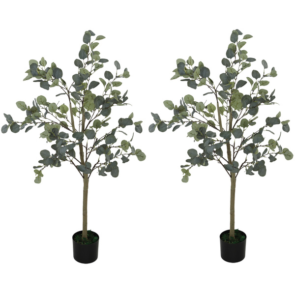 HOMCOM Set of 2 Decorative Artificial Tree, 4ft/ 120cm Silk Eucalyptus Trees with 230 Silver Dollar Leaves in Pot, Fake Plants for Home, Office, Living Room, Indoor Decor