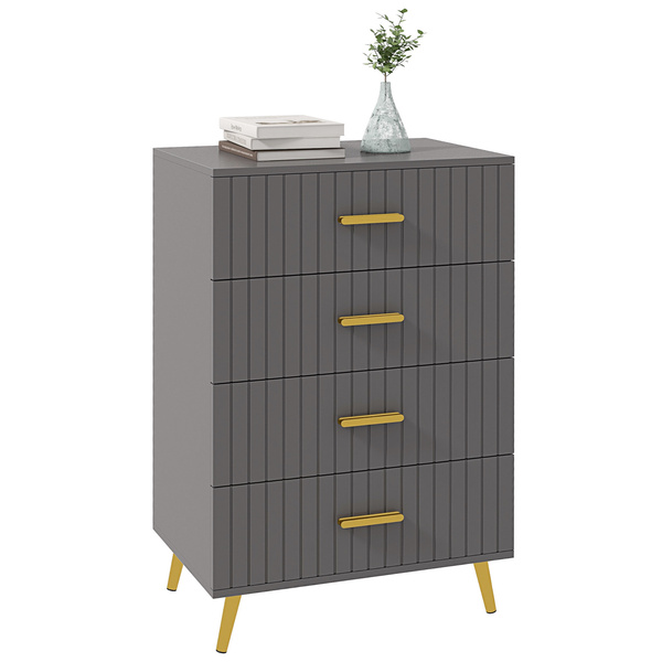 HOMCOM Four Drawer Embossed Line Dresser - Grey/Gold Tone