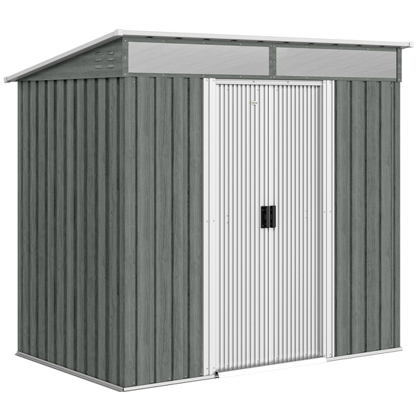 Outsunny 6.5 x 4FT Galvanised Metal Shed with Foundation Kit, Lockable Tool Garden Shed with Double Sliding Doors, Vents, Light Grey Wood Effect