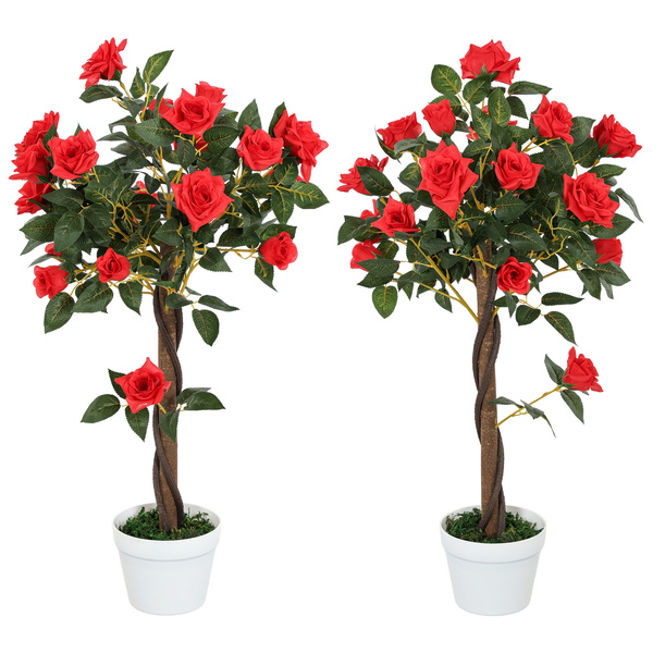 Outsunny Set of 2 Artificial Plants White Rose Floral in Pot, Fake Plants for Home Indoor Decor, 90cm, Red