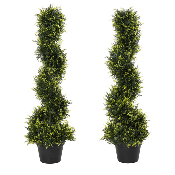 Outsunny 90cm/3FT Artificial Trees, Spiral Topiary Trees w/ Pot Set Of 2, Fake Indoor Greenery Plant Home Office Garden Decor Green