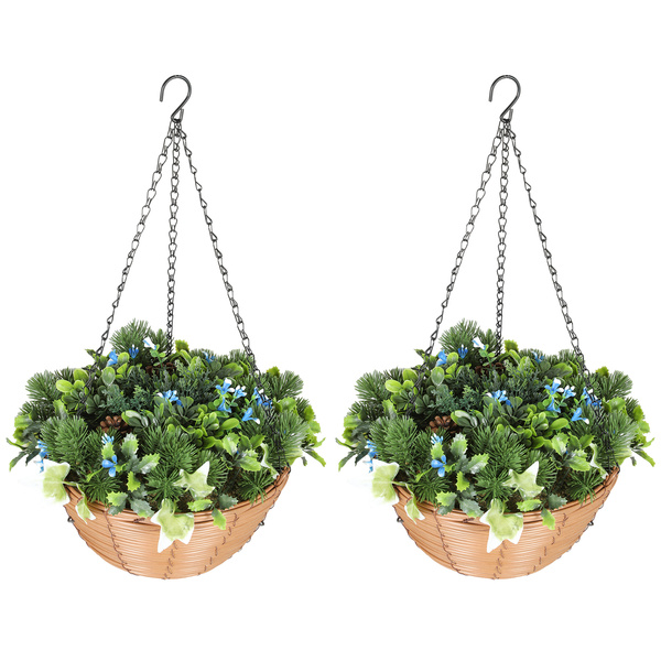 HOMCOM Pack of 2 Faux Plant Artificial Lisianthus Flowers, Hanging Planters with Basket, PE Leaves, 18 Flowers and 3 Pinecones, Decorative Faux Plants for Home Office Decor, Green