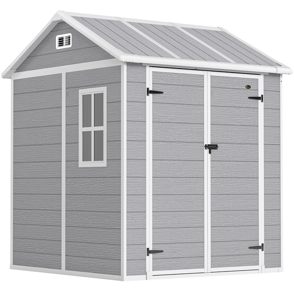 Outsunny 6 x 6ft Garden Shed with Floor, Window, Lockable Doors and Vents, Wood Effect Resin Tool Shed for Outdoor Patio, Grey