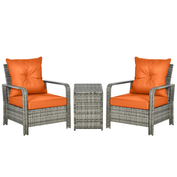 Outsunny 3 Pieces Rattan Bistro Set, Wicker Garden Furniture Set with Storage Coffee Table and Chairs, Thickened Cushions for Outdoor, Patio, Balcony, Orange