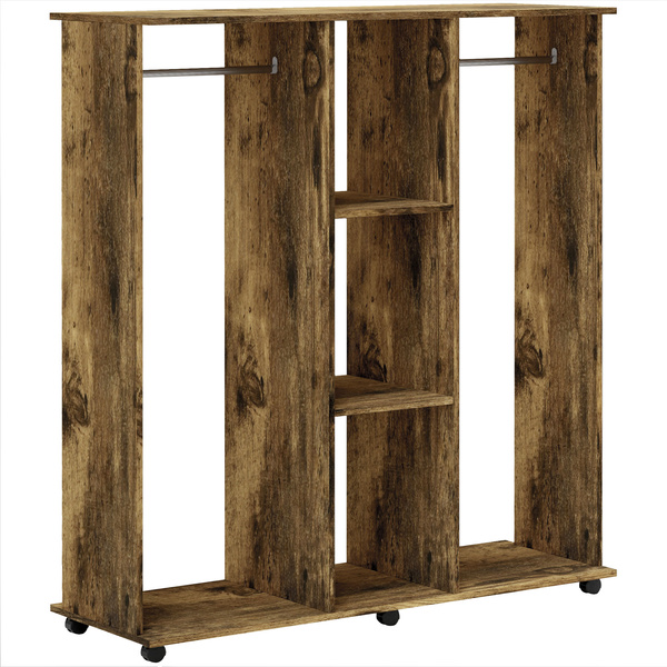 HOMCOM Open Wardrobe Double Mobile Storage Shelves Organizer W/6 Wheels-Rustic Brown