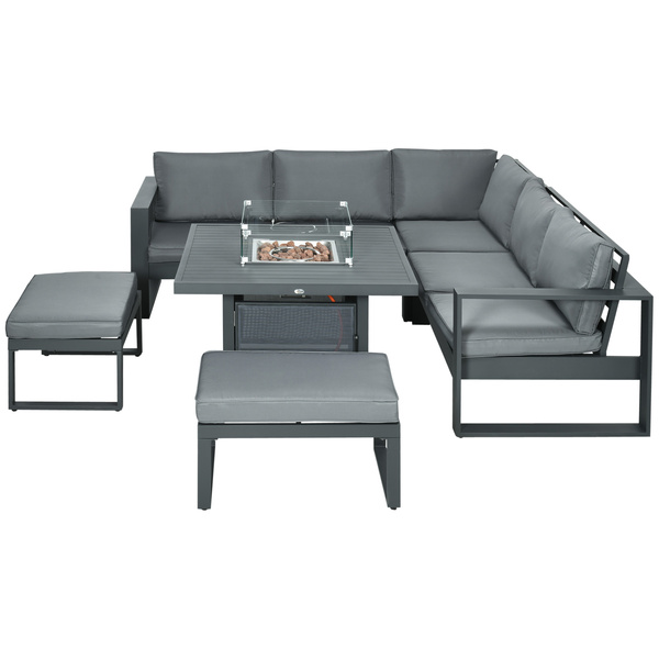 Outsunny 6-Piece Aluminium Garden Furniture Set with Fire Pit Table, Outdoor Dining Sofa Set with Cushions, Loveseats and Footstools, Sectional Corner Conservatory Furniture for Patio, Grey