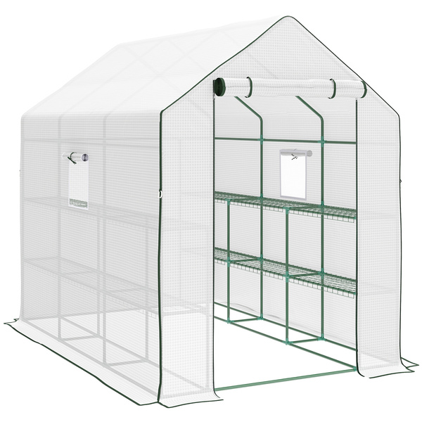 Outsunny Walk-in Greenhouse with 3 Tier 12 Shelves, Small Greenhouse with Reinforced PE Cover, Garden Plant Growhouse with Roll-up Door and Three Mesh Windows, 140 x 213 x 190 cm, White