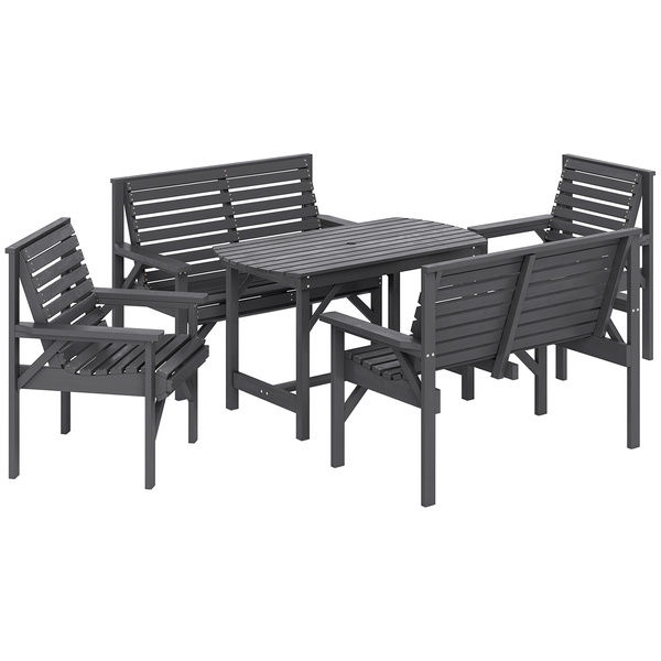 Outsunny 5 Piece Wooden Garden Dining Set for 6, Outdoor Conversation Set with 2 Armchairs, 2 Loveseats and Dining Table with Umbrella Hole for Patio, Balcony, Grey