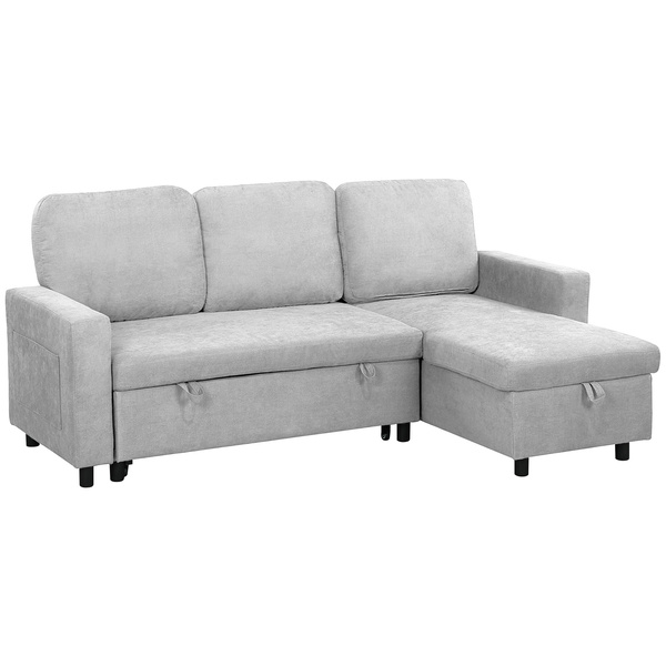 HOMCOM Pull Out Sofa Bed with Storage - Light Grey