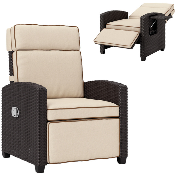 Outsunny 145° Reclining Rattan Armchair, with Footrest - Brown/Khaki