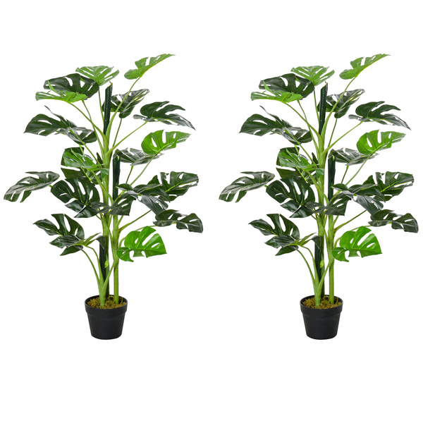 Outsunny 100cm/3.3FT Artificial Monstera Tree Decorative Cheese Plant 21 Leaves with Nursery Pot, Fake Tropical Palm Tree for Indoor Outdoor Décor, Set of 2