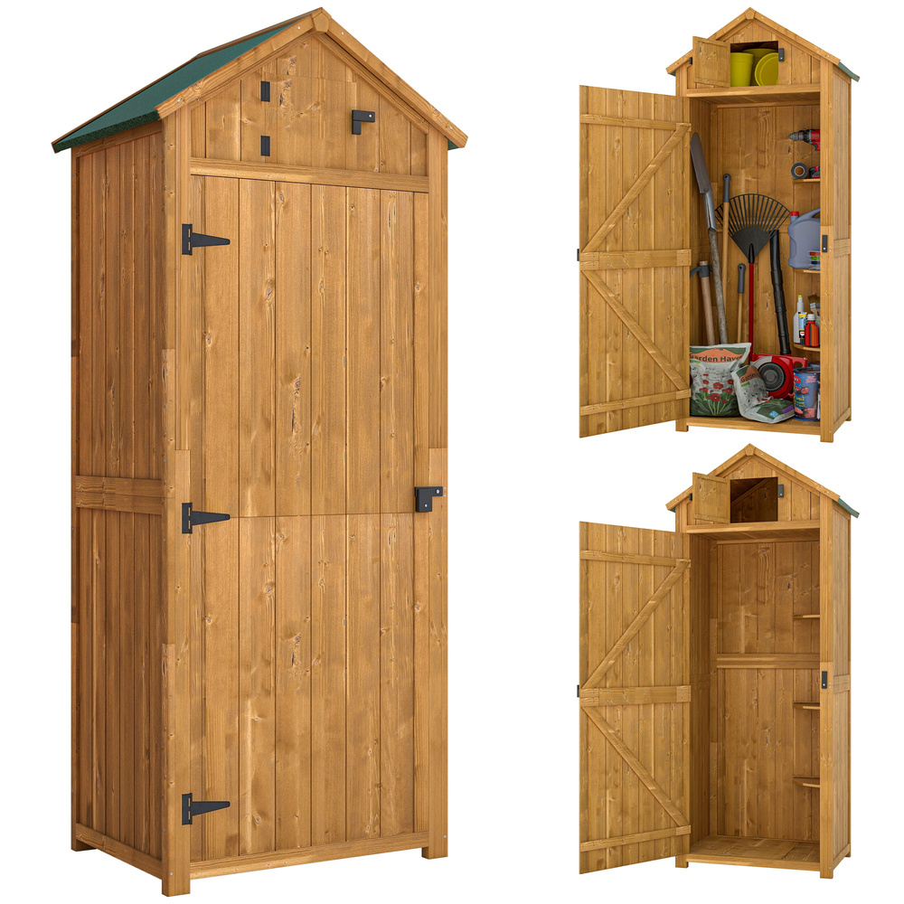 Outsunny Garden Shed Wood Outdoor Garden Tool Storage Unit with 3 Detachable Shelves, 77 x 54.2 x 179cm,  Brown
