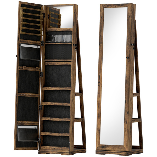 HOMCOM 360° Swivel Jewellery Cabinet, Free Standing Full Length Mirror with Storage, Lockable Jewellery Organiser with Built-in Makeup Mirror and Storage Shelves for Bedroom, Rustic Brown