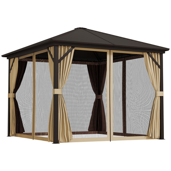 Outsunny 3 x 3(m) Metal Hardtop Gazebo, with Curtains and Accessories - Brown
