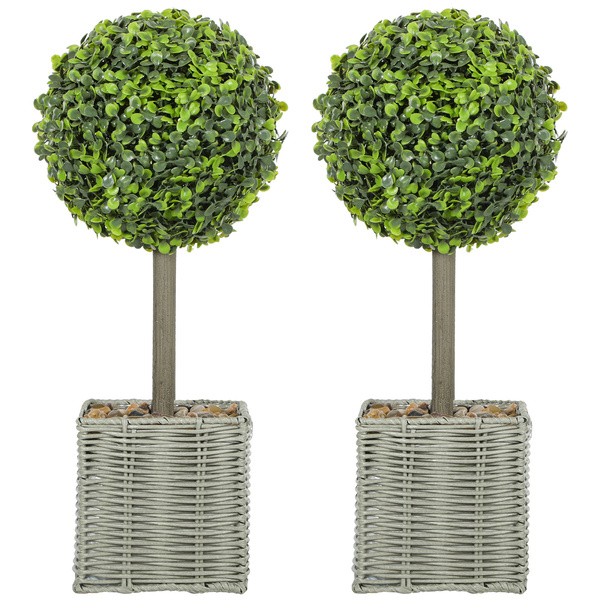 HOMCOM Set of 2 Decorative Artificial Plants, 50cm Faux Boxwood Topiary Balls with Woven Plastic Pot and Pebbles, Fake Plants for Home or Office Decor, Green