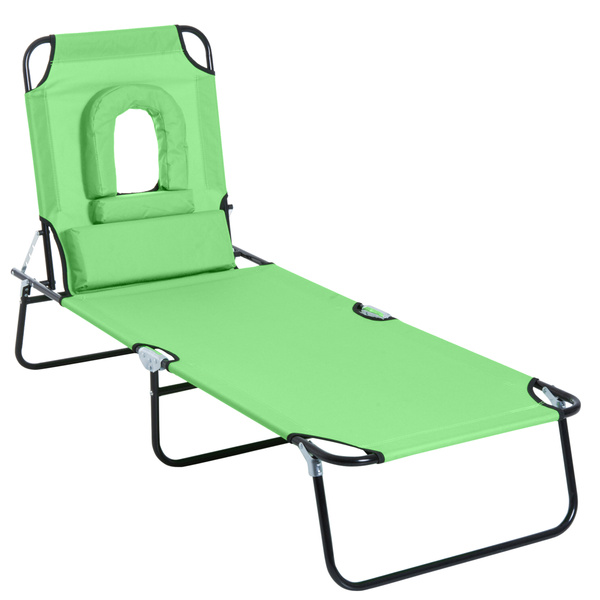 Outsunny Folding Sun Lounger with Face Hole, 4-Position Adjustable Backrest Garden Recliner Chair Sunbed, Outdoor Lounge Chair with 600 D Oxford Cloth Seat, Pillow for Beach, Green