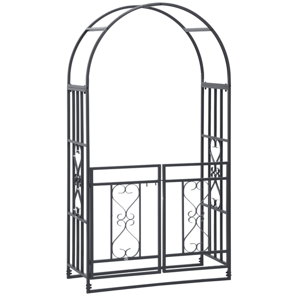 Outsunny Outdoor Garden Arch with Double Gates, Metal Garden Arbor for Climbing Plants, Roses, Vines, Wedding Arch for Outdoor, 114L x 50W x 206H cm, Dark Grey
