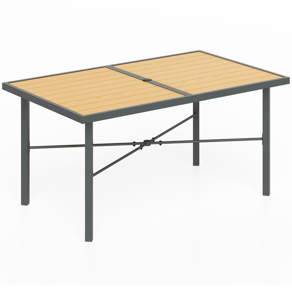 Outsunny Garden Table for 6, 150 cm Rectangular Outdoor Dining Table with 5 cm Umbrella Hole, Wood Effect Top, Rust Resistant Frame, for Patio, Balcony, Terrace, Natural Wood Finish